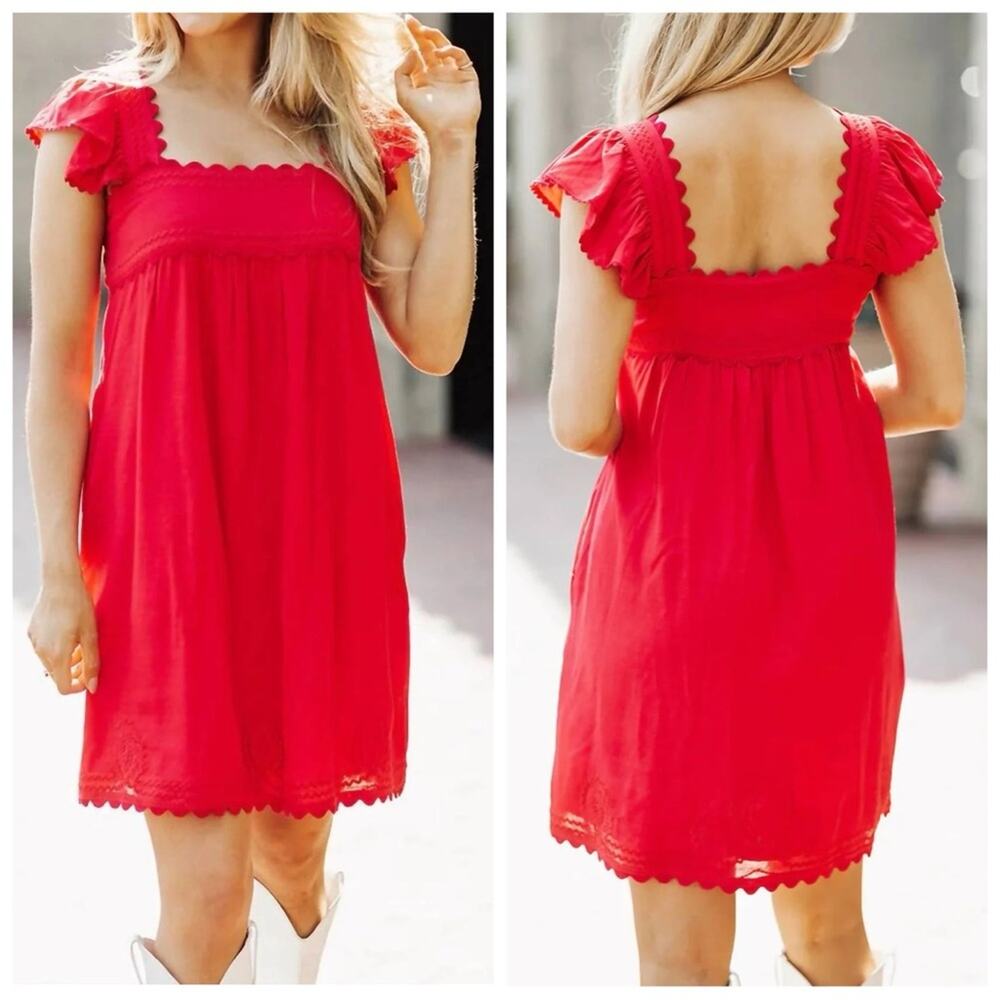J.Marie Swift Scalloped Square Neck Ruffle Sleeve Mini Dress Red Preppy Large